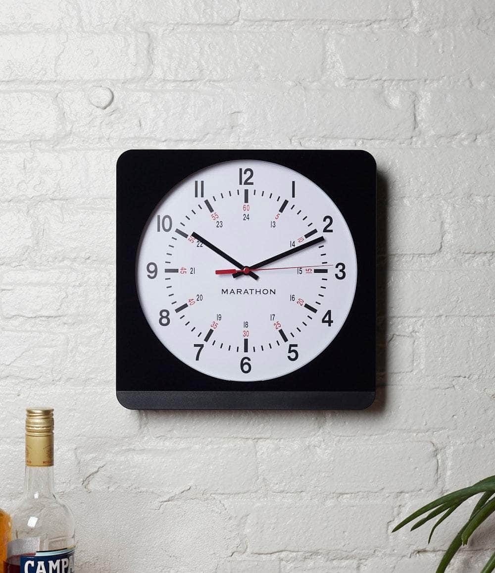 Marathon Clock Black / White with Red Studio Edition 12 Inch Wall Clock