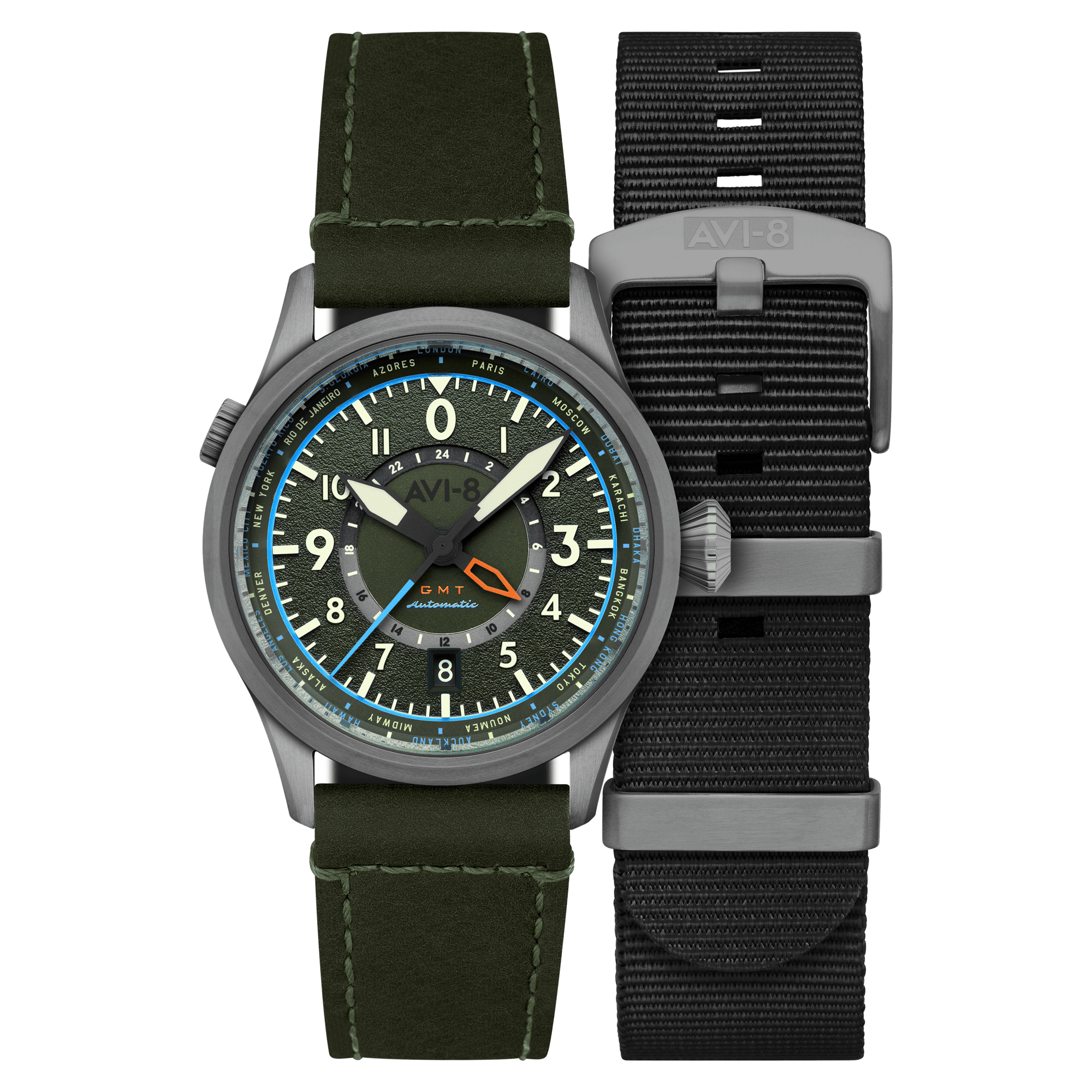 AVI-8 WATCHES Flyboy Wingman Worldtimer GMT Automatic Jungle Green