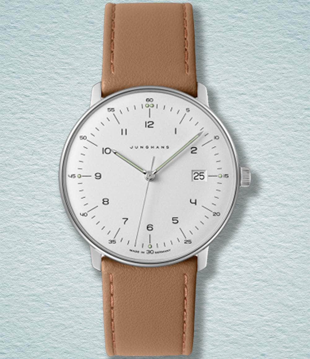 Junghans Watch Matte Silver w/Numerals Tan Strap Max Bill Quarz