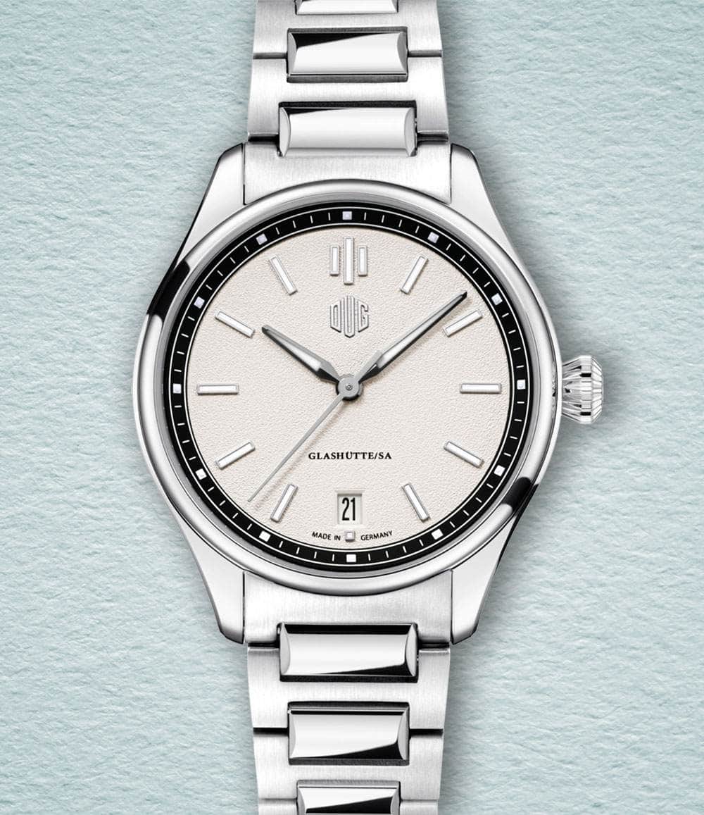 DUG Watch White / Date / Bracelet Purist Type 1 (37mm - Baton Indexes)