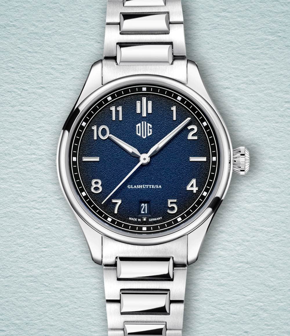 DUG Watch Blue / Date / Bracelet Purist Type 2 (37mm - Numerals)