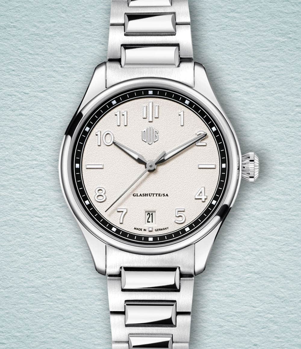 DUG Watch White / Date / Bracelet Purist Type 2 (37mm - Numerals)