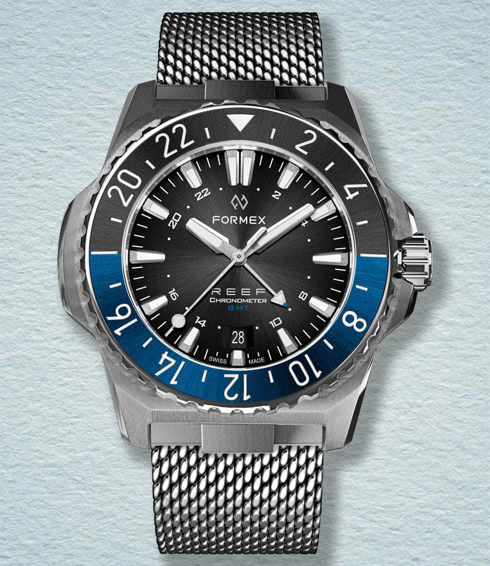 Formex Watch Black Black/Blue Bezel on Mesh Reef GMT 42 mm