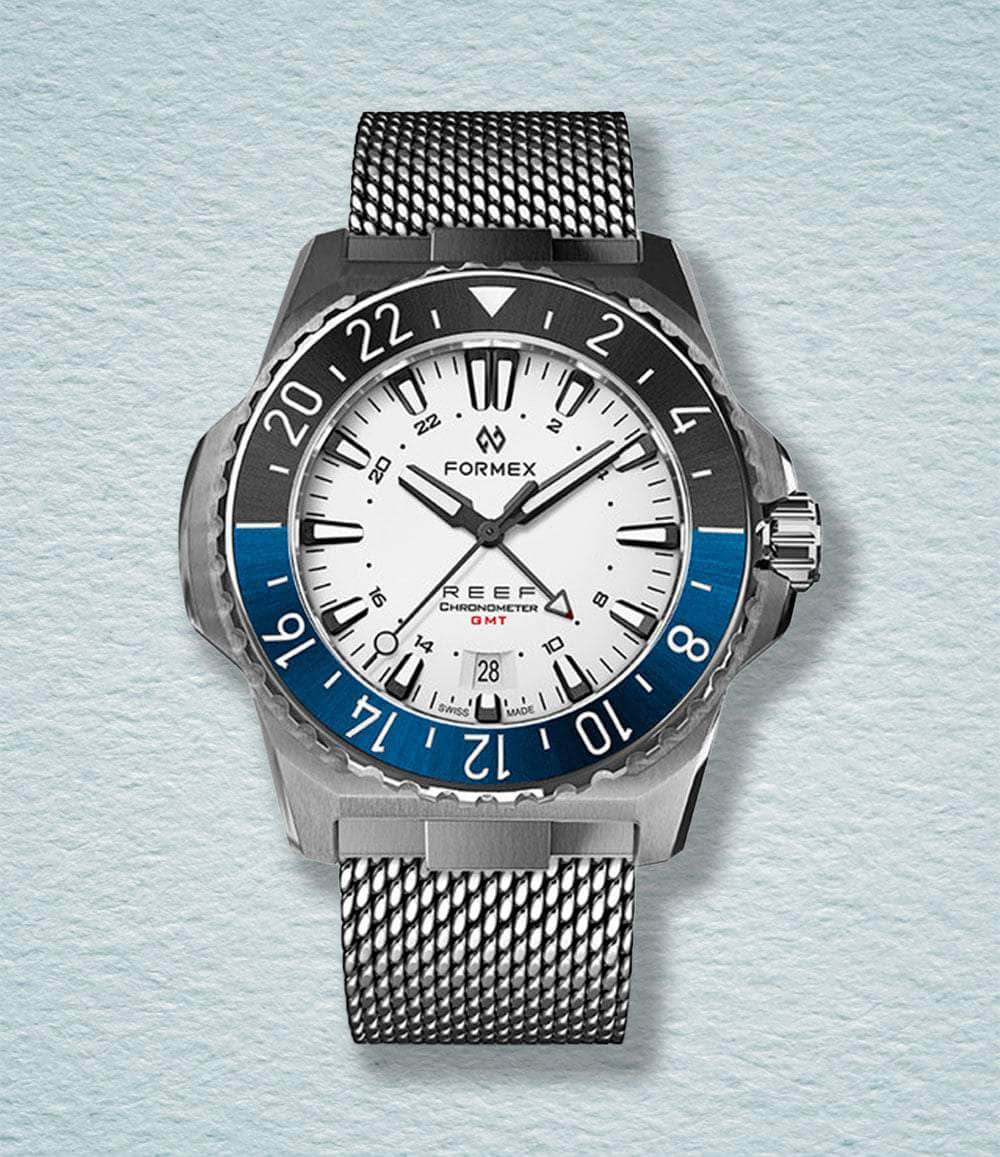 Formex Watch White Black/Blue Bezel on Mesh Reef GMT 42 mm
