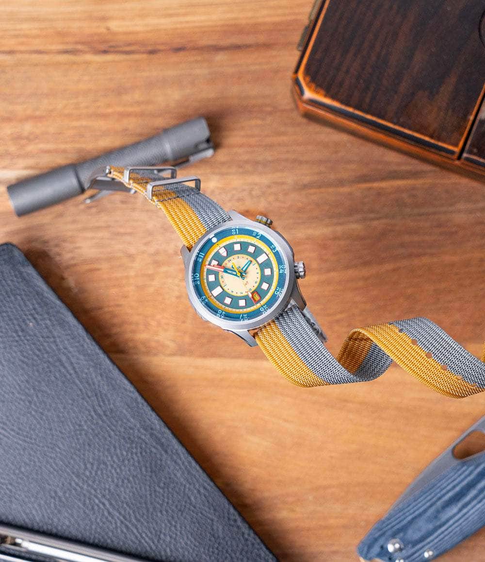 The Anachronist Shop Strap 20mm Mustard Grey Zero-Pass Ribbed Nylon Strap