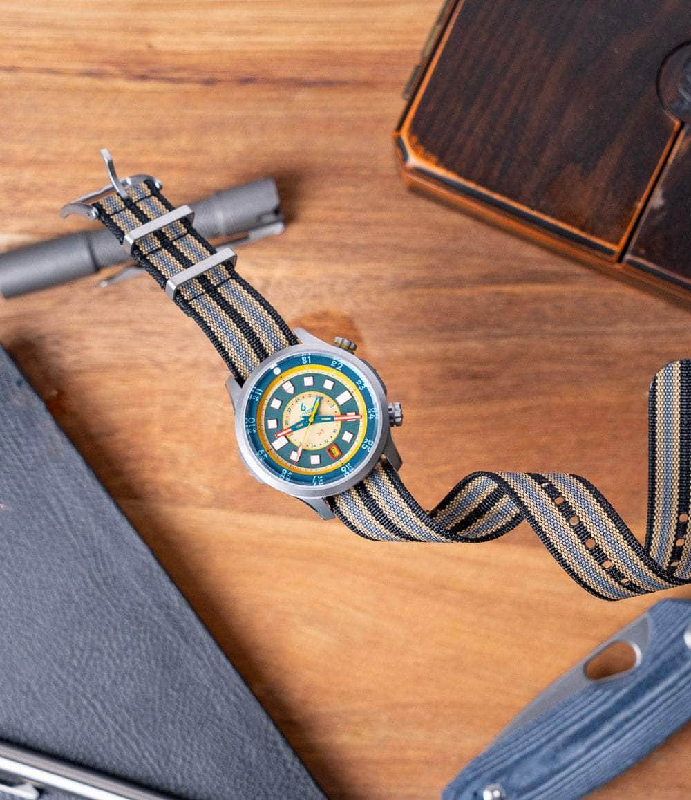 The Anachronist Shop Strap 18mm Black Grey-Yellow Zero-Pass Ribbed Nylon Strap